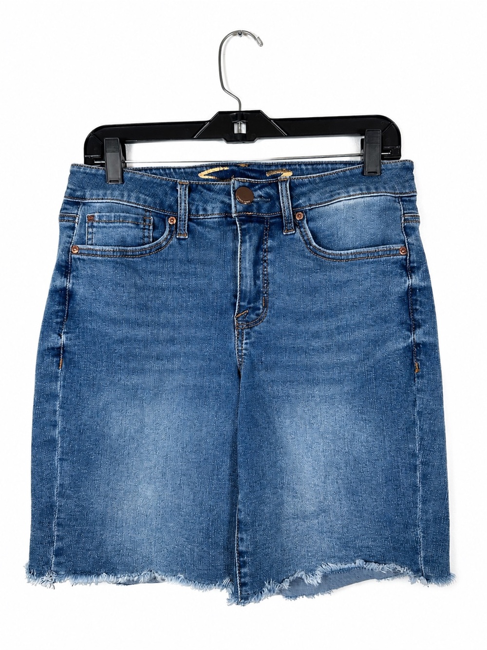 Seven7 Sunset Bermuda Frayed Denim Shorts Medium Wash Stretch Jorts Size 8